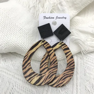 Women Fashion Retro Bohemian Leopard Zebra Print Hollow Drop Shaped Pendant Wooden Earrings
