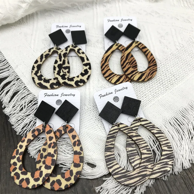 Women Fashion Retro Bohemian Leopard Zebra Print Hollow Drop Shaped Pendant Wooden Earrings