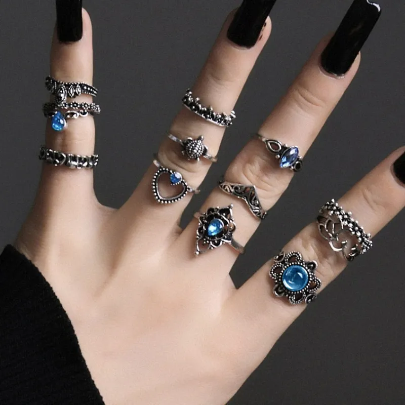 Women Vintage Blue Gemstone Flower Heart Turtle Design Midi Rings