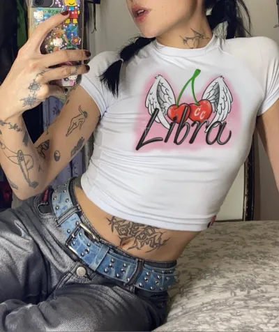 Women's Edgy Graphic Printed Crop Top - Sweet Summer Cotton Short Sleeve Round Neck