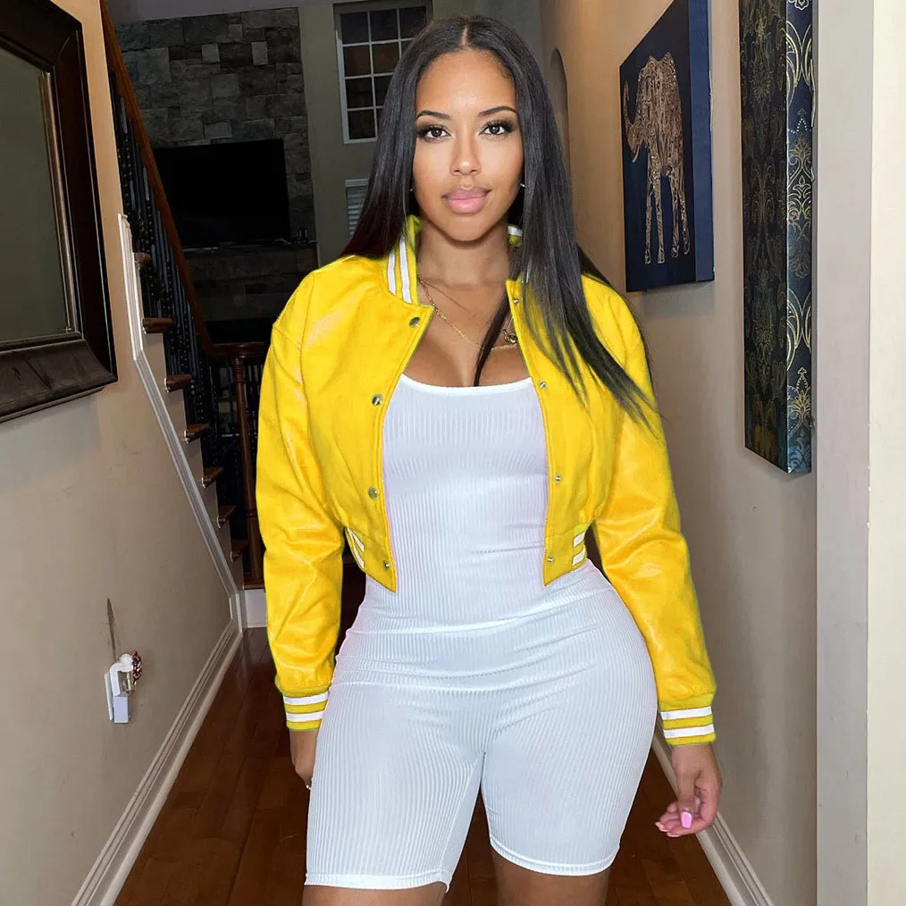 Casual Women's Striped PU Leather Single-Breasted Slim-Fit Baseball Jacket