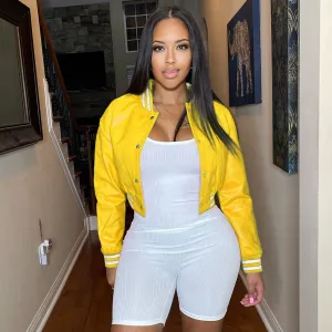 Casual Women's Striped PU Leather Single-Breasted Slim-Fit Baseball Jacket
