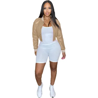 Casual Women's Striped PU Leather Single-Breasted Slim-Fit Baseball Jacket