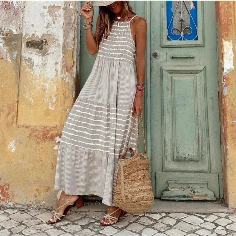 Boho Vintage Women's Suspender Round Neck Large Swing Maxi Dress