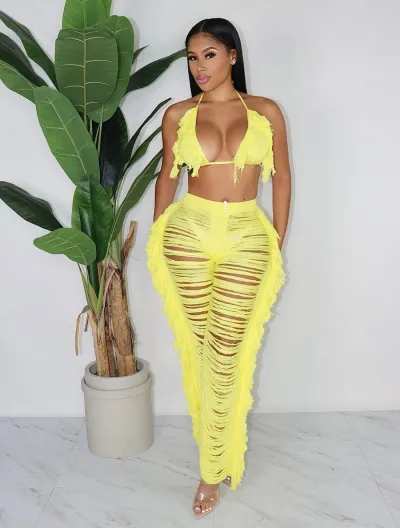 Source Factory Summer Ladies Sexy Tassel Knit Pants Set
