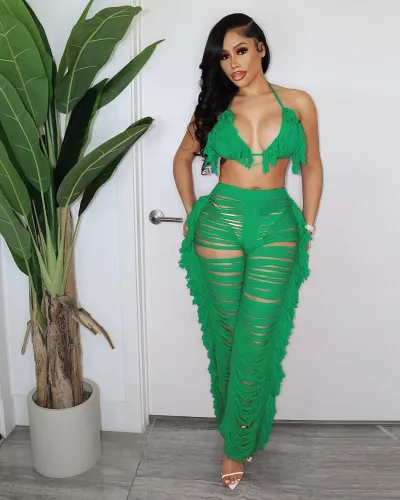 Source Factory Summer Ladies Sexy Tassel Knit Pants Set