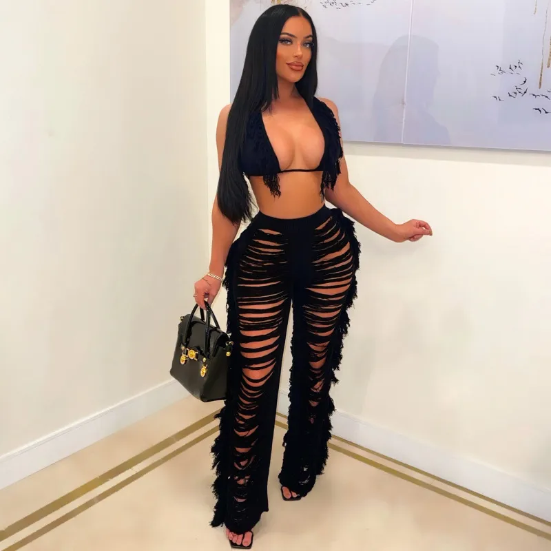 Source Factory Summer Ladies Sexy Tassel Knit Pants Set
