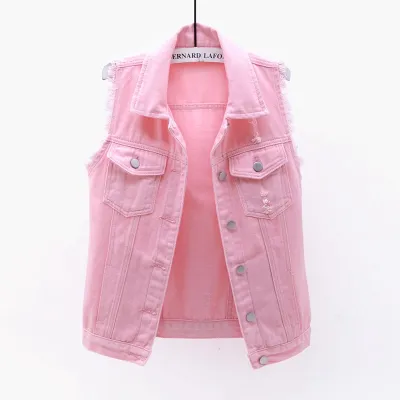 Spring And Summer Women Solid Color Casual Sleeveless Slim Fit Ripped Denim Vest