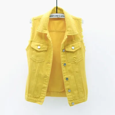 Spring And Summer Women Solid Color Casual Sleeveless Slim Fit Ripped Denim Vest
