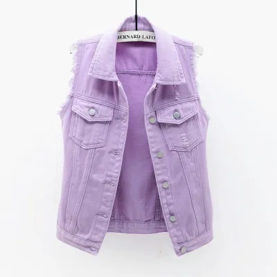 Spring And Summer Women Solid Color Casual Sleeveless Slim Fit Ripped Denim Vest