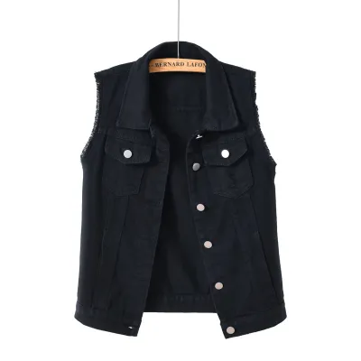 Spring And Summer Women Solid Color Casual Sleeveless Slim Fit Ripped Denim Vest