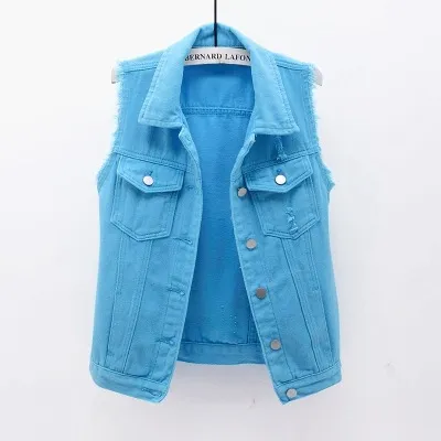 Spring And Summer Women Solid Color Casual Sleeveless Slim Fit Ripped Denim Vest