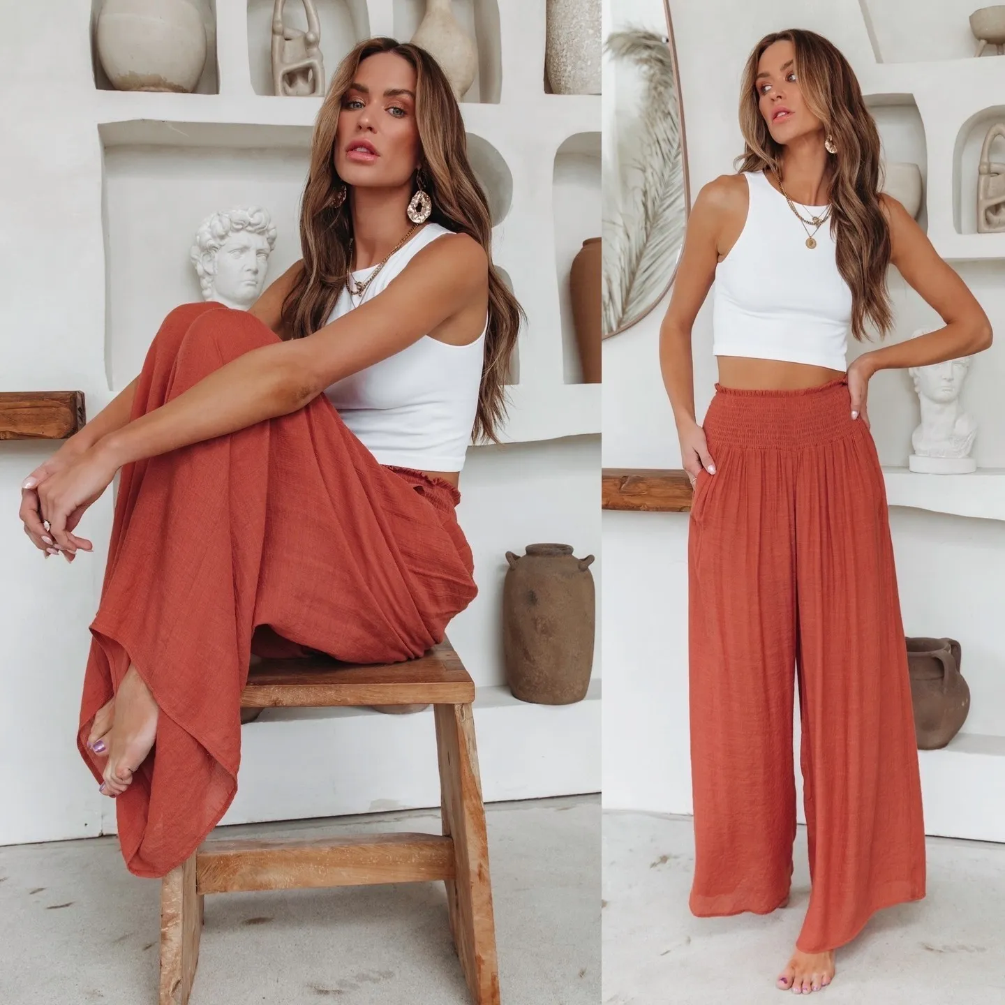 Spring And Summer Women Solid Color Fashion Casual Office Chic Cotton Loose Mid-Waist Wide Leg Pants