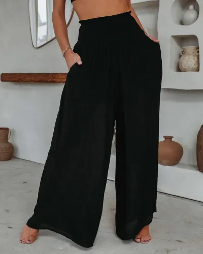 Spring And Summer Women Solid Color Fashion Casual Office Chic Cotton Loose Mid-Waist Wide Leg Pants