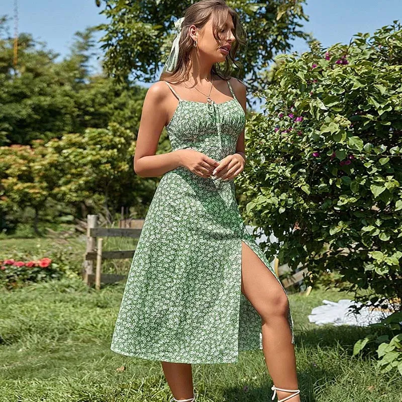 Women Spaghetti Strap Split Skirt Midi Dress Tiny Floral Print Casual Vacation