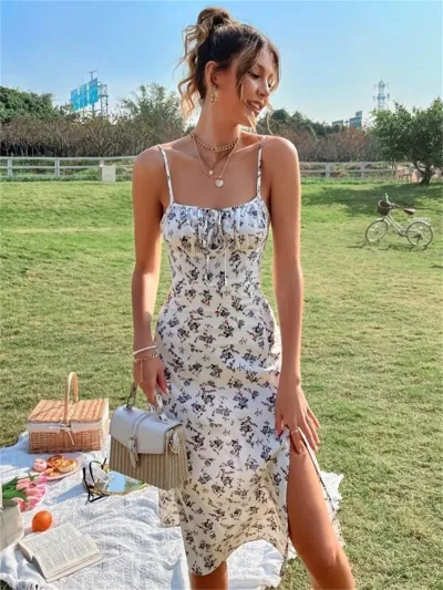 Women Spaghetti Strap Split Skirt Midi Dress Tiny Floral Print Casual Vacation