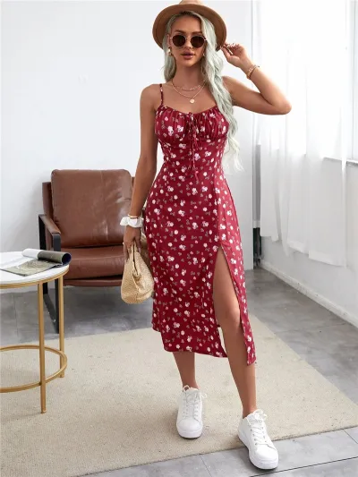 Women Spaghetti Strap Split Skirt Midi Dress Tiny Floral Print Casual Vacation