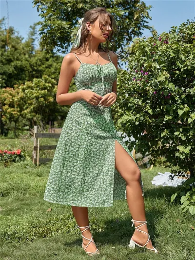 Women Spaghetti Strap Split Skirt Midi Dress Tiny Floral Print Casual Vacation