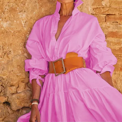 Women's Elegant Lapel Solid Color Long-Sleeved Casual Mid-Length Swing Shirt Dress