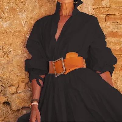 Women's Elegant Lapel Solid Color Long-Sleeved Casual Mid-Length Swing Shirt Dress