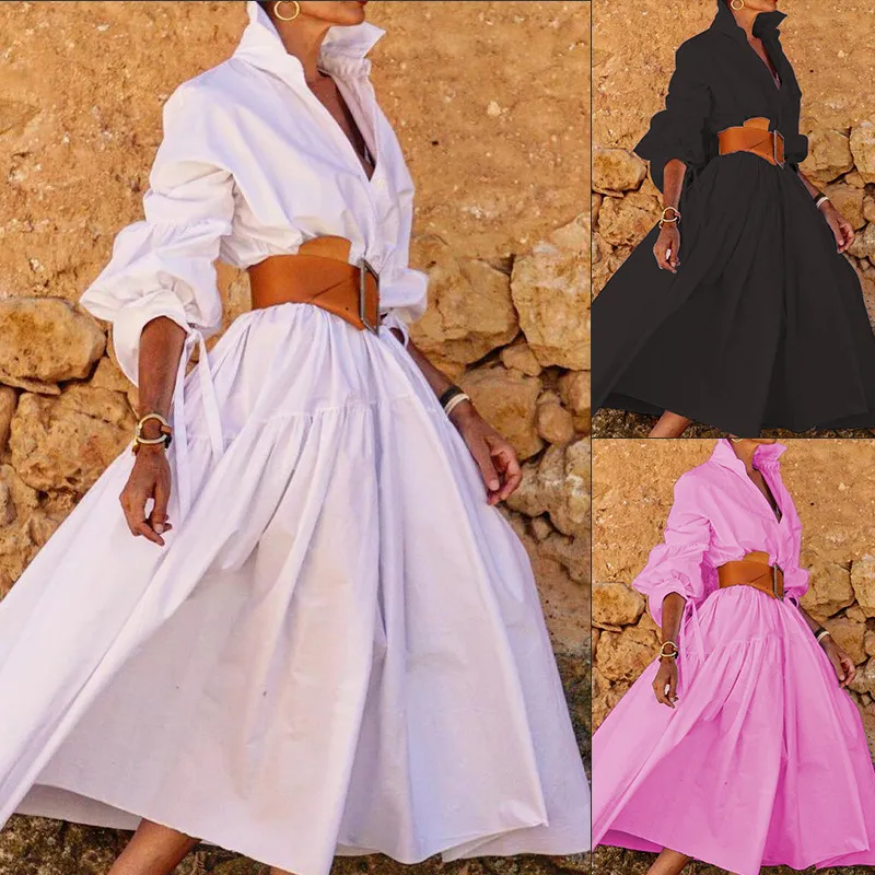 Women's Elegant Lapel Solid Color Long-Sleeved Casual Mid-Length Swing Shirt Dress