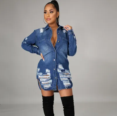 Women Fashion Ripped Single Breasted Extra Long Denim Jacket
