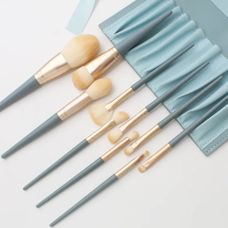 10Pcs/Set Portable Pu Storage Bag Airy Blue Soft Artificial Fiber Hair Beauty Makeup Brush Set