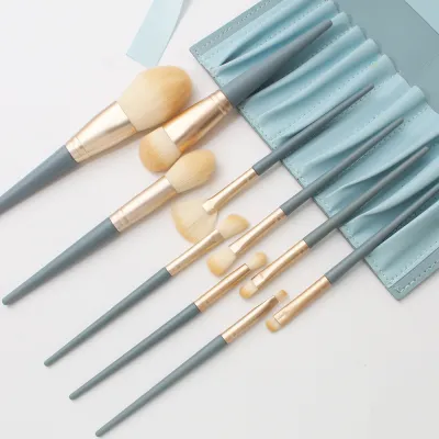 10Pcs/Set Portable Pu Storage Bag Airy Blue Soft Artificial Fiber Hair Beauty Makeup Brush Set