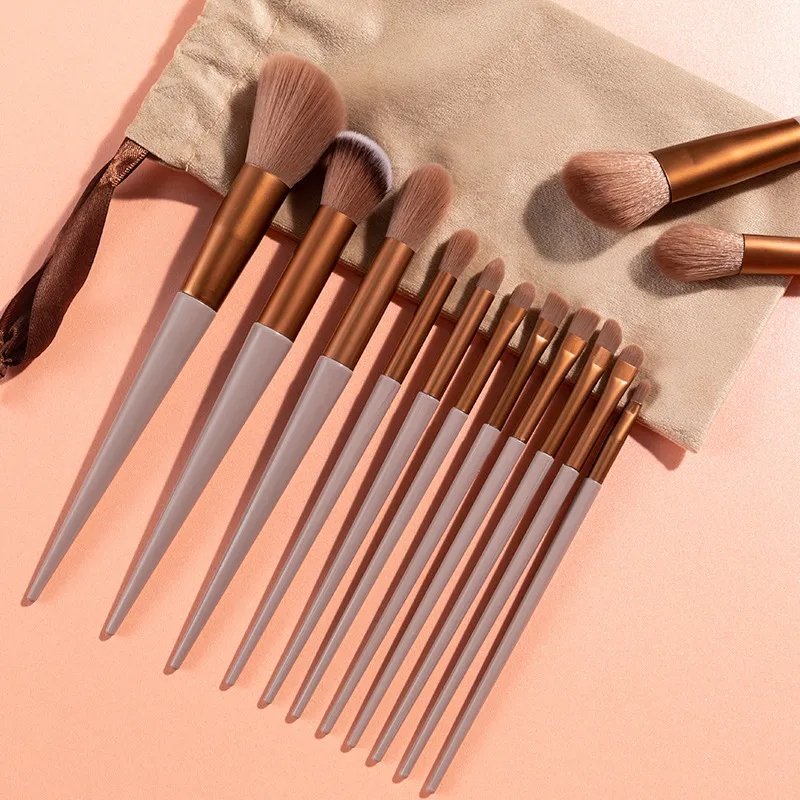 13Pcs Milk Tea Color Loose Powder Makeup Brush Set with Velvet Bag Artificial Fiber