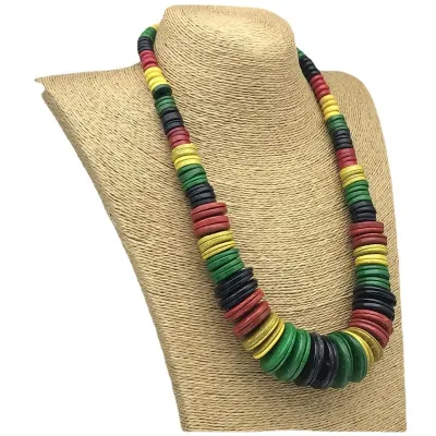 Unisex Vintage Bohemian Multicolor Wood Flat Irregularity Disc Beaded Necklace