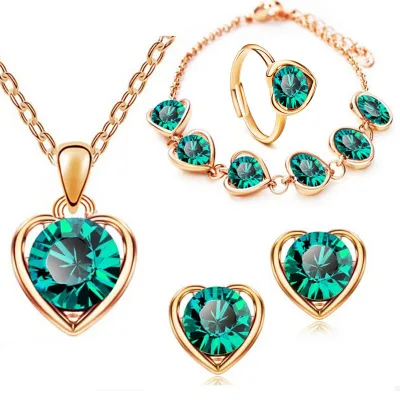 Women Fashion Heart Shaped Inset Gemstone Pendant Necklace Stud Earrings Ring Bracelet Jewelry Set (4 Items)