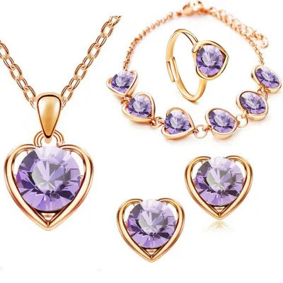 Women Fashion Heart Shaped Inset Gemstone Pendant Necklace Stud Earrings Ring Bracelet Jewelry Set (4 Items)