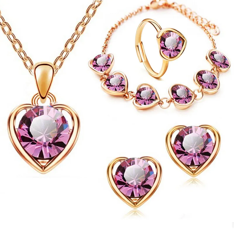 Women Fashion Heart Shaped Inset Gemstone Pendant Necklace Stud Earrings Ring Bracelet Jewelry Set (4 Items)