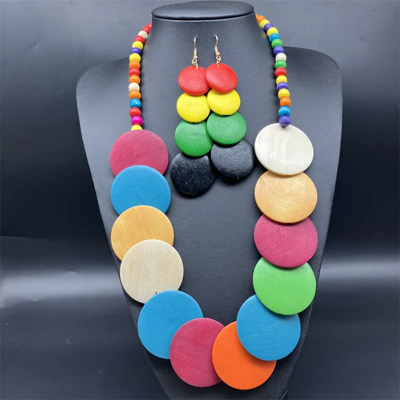 Unisex Fashion Bohemian Wooden Cake Shaped Geometry Colorful Necklace Earrings Jewelry Set