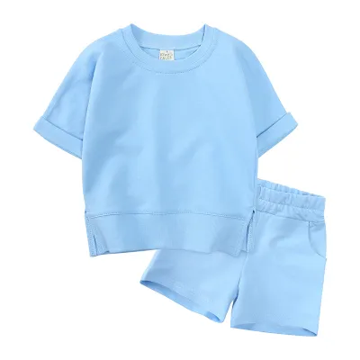 Children Kids Baby Girls Boys Short Sleeve Solid Color Cotton T-Shirt And Shorts 2pcs Set