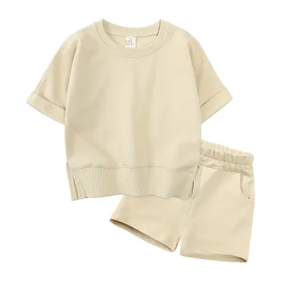 Children Kids Baby Girls Boys Short Sleeve Solid Color Cotton T-Shirt And Shorts 2pcs Set