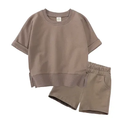 Children Kids Baby Girls Boys Short Sleeve Solid Color Cotton T-Shirt And Shorts 2pcs Set