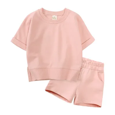 Children Kids Baby Girls Boys Short Sleeve Solid Color Cotton T-Shirt And Shorts 2pcs Set