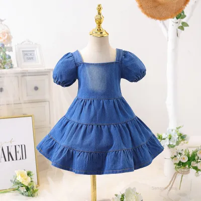 Children Kids Baby Girls Fashion Casual Denim Suspenders Dress Solid Color