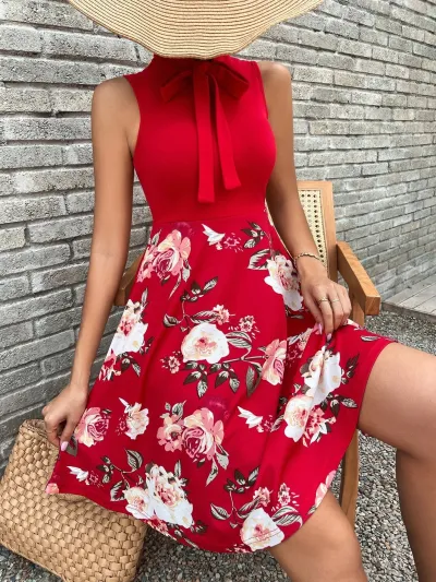 Women Floral Print A-Line Dress Ant Cloth