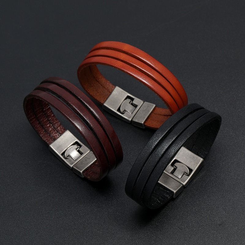 Wholesale Men'S Punk Simple 3-Layer Solid Color Pu Leather