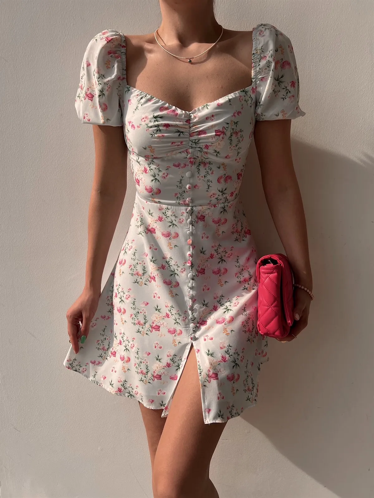 Wholesale Women'S Fashion Floral Neck Floral Print Puff Sleeve Dress