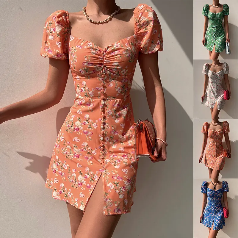 Women's autumn puff sleeve print waist slimming dresses - Tailor Shop Dubai