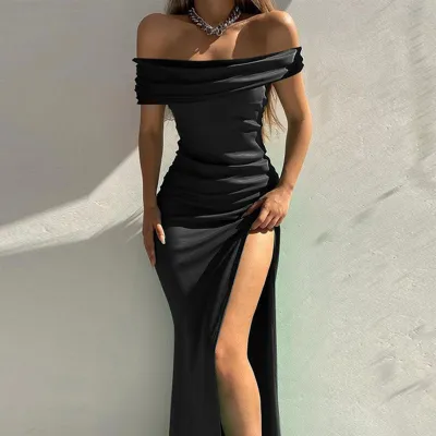 Women's Solid Color Sleeveless Off Shoulder Elegant Sexy Side Slit Midi Satin Dress