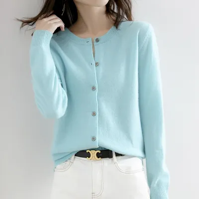 Women's Elegant Office Chic Solid Color Rib-Knit Round Neck Long Sleeve Casual Knitted Sweater