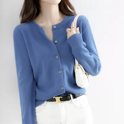 Women's Elegant Office Chic Solid Color Rib-Knit Round Neck Long Sleeve Casual Knitted Sweater