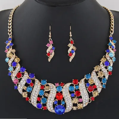 Women Exaggerated Fashion Gemstone Metal Earrings Necklace Jewelry Set