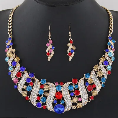 Women Exaggerated Fashion Gemstone Metal Earrings Necklace Jewelry Set