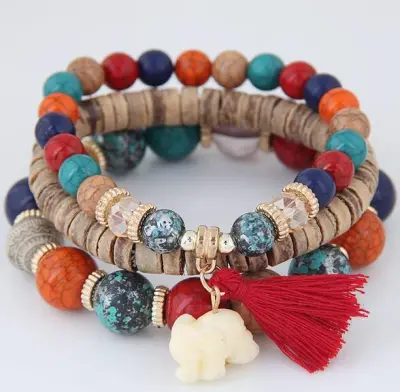 Women Fashion Elephant Wood Cake Beads Turquoise Tassel Bracelet Set