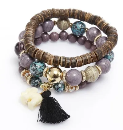 Women Fashion Elephant Wood Cake Beads Turquoise Tassel Bracelet Set